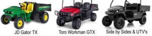 Utility vehicles including John Deere, Toro, and UTV models