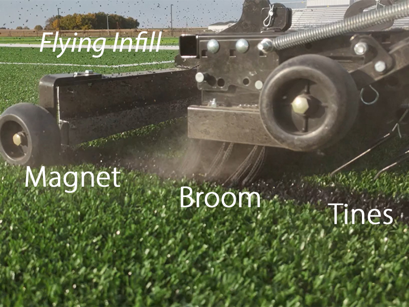 Artificial turf grooming machine cleaning synthetic field with magnet